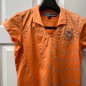 Vintage‎ Jamie Sadock Women's Sz Small Orange & Gold Metallic V-Neck Polo Shirt